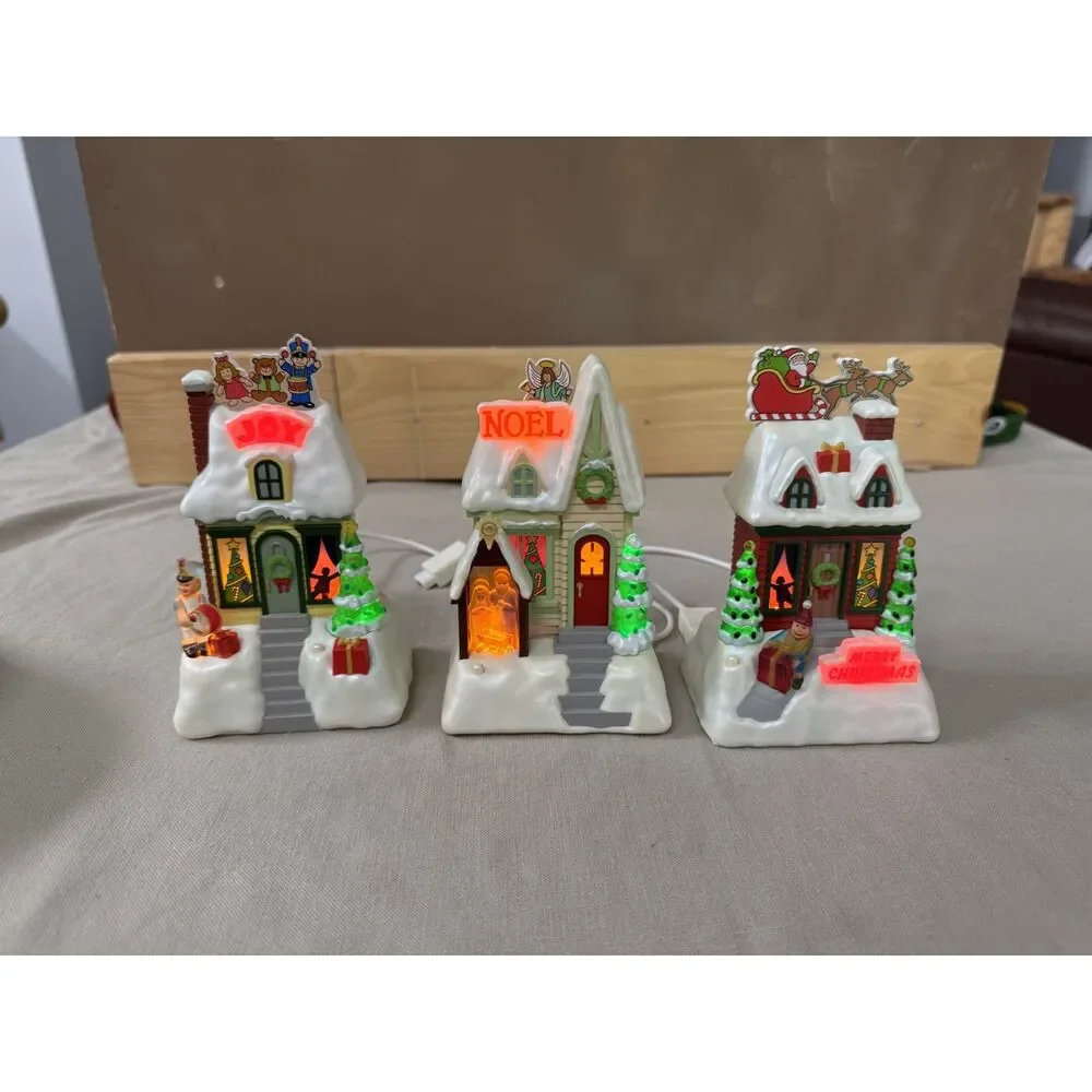 3 Hallmark Caroling Christmas Cottages Synchronized Music Lights